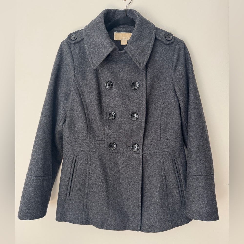 Michael Kors Wool-Blend Double-Breasted Peacoat Jacket - Dark Gray - M Medium